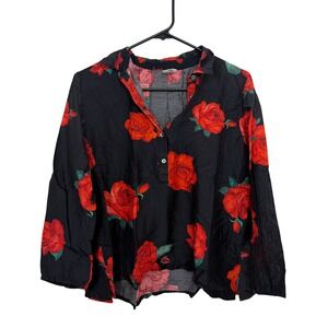 Nicobar Top Womens Small Black Red Rose Floral Cotton Silk Blend Pullover Blouse